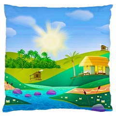 Tropical Resort Huts Lake River Large Cushion Case (one Side) by Simbadda