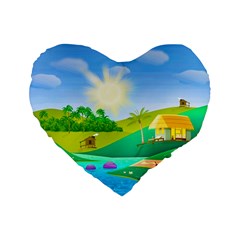 Tropical Resort Huts Lake River Standard 16  Premium Flano Heart Shape Cushions by Simbadda
