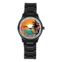 Sunset Beach Beach Palm Ocean Stainless Steel Round Watch by Simbadda