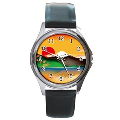 Mount Fuji Japan Lake Sun Sunset Round Metal Watch