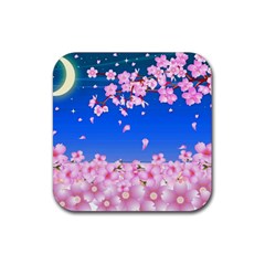 Sakura Cherry Blossom Night Moon Rubber Coaster (square)  by Simbadda