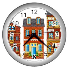 City Buildings Brick Architecture Wall Clock (silver)