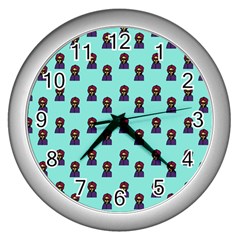 Nerdy 60s  Girl Pattern Aqua Wall Clock (silver) by snowwhitegirl