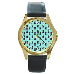 Nerdy 60s  Girl Pattern Aqua Round Gold Metal Watch by snowwhitegirl