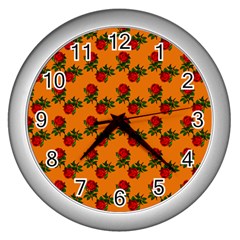 Red Roses Orange Wall Clock (Silver)