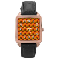 Red Roses Orange Rose Gold Leather Watch 