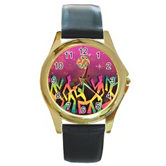 Dancing Colorful Disco Round Gold Metal Watch by Bajindul