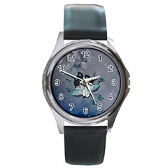 Sport, surfboard with flowers and fish Round Metal Watch