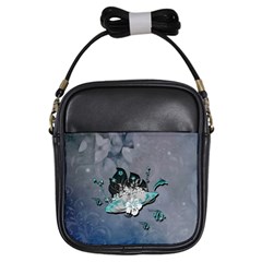 Sport, surfboard with flowers and fish Girls Sling Bag