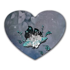 Sport, surfboard with flowers and fish Heart Mousepads