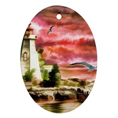 Lighthouse Ocean Sunset Seagulls Oval Ornament (two Sides)