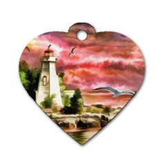 Lighthouse Ocean Sunset Seagulls Dog Tag Heart (two Sides)