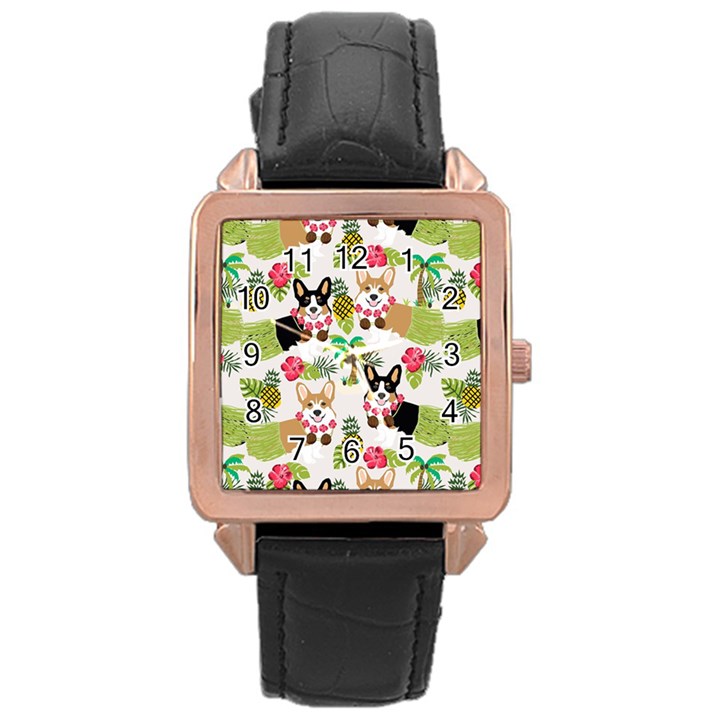 Corgis Pattern Rose Gold Leather Watch 