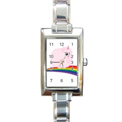 Pink Fluffy Unicorns Dancing On Rainbows Drawing Rectangle Italian Charm Watch by Sudhe