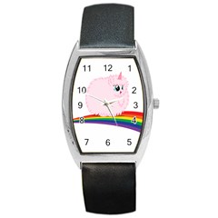 Pink Fluffy Unicorns Dancing On Rainbows Drawing Barrel Style Metal Watch