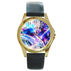 Crystal Wave Pattern Design Round Gold Metal Watch