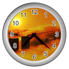 City Sun Clouds Smog Sky Yellow Wall Clock (silver)