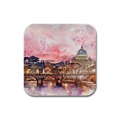 City Buildings Bridge Water River Rubber Square Coaster (4 Pack)  by Simbadda