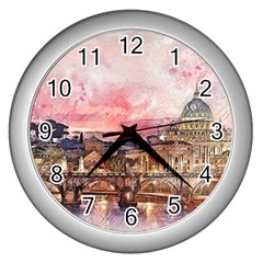 City Buildings Bridge Water River Wall Clock (silver)