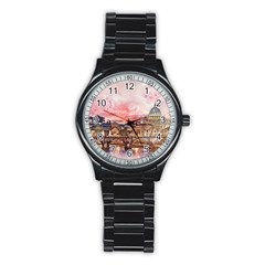 City Buildings Bridge Water River Stainless Steel Round Watch by Simbadda