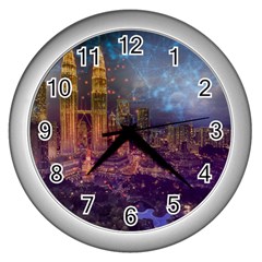 City Lights Skyline Buildings Wall Clock (silver)