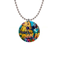 Graffiti Street Art Mountains Wall 1  Button Necklace by Simbadda