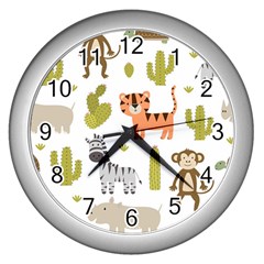 Cute Safari Animals Seamless Pattern Wall Clock (silver)