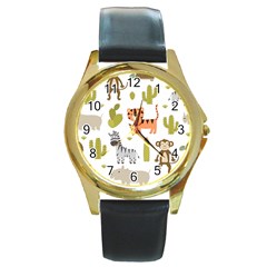 Cute Safari Animals Seamless Pattern Round Gold Metal Watch by Vaneshart