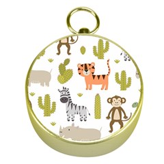 Cute Safari Animals Seamless Pattern Gold Compasses