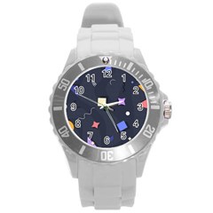 Memphis Pattern With Geometric Shapes Round Plastic Sport Watch (l)