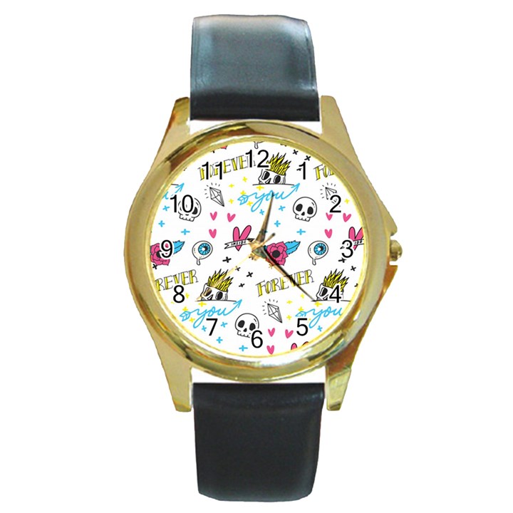 Emo Teens Doodle Seamless Round Gold Metal Watch