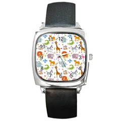 Children Seamless Wallpaper With Cute Funny Baby Savanna Animals Square Metal Watch by Vaneshart