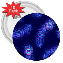 Seamless Pattern With Colorful Peacock Feathers Dark Blue Background 3  Buttons (10 Pack) 