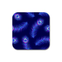 Seamless Pattern With Colorful Peacock Feathers Dark Blue Background Rubber Square Coaster (4 Pack) 