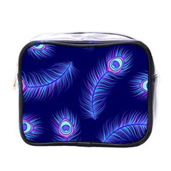 Seamless Pattern With Colorful Peacock Feathers Dark Blue Background Mini Toiletries Bag (one Side)