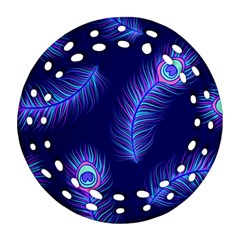 Seamless Pattern With Colorful Peacock Feathers Dark Blue Background Round Filigree Ornament (two Sides)