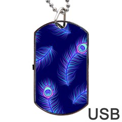 Seamless Pattern With Colorful Peacock Feathers Dark Blue Background Dog Tag Usb Flash (one Side)