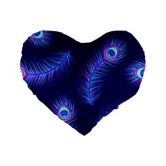 Seamless Pattern With Colorful Peacock Feathers Dark Blue Background Standard 16  Premium Flano Heart Shape Cushions