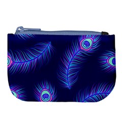 Seamless Pattern With Colorful Peacock Feathers Dark Blue Background Large Coin Purse by Vaneshart