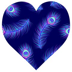 Seamless Pattern With Colorful Peacock Feathers Dark Blue Background Wooden Puzzle Heart by Vaneshart