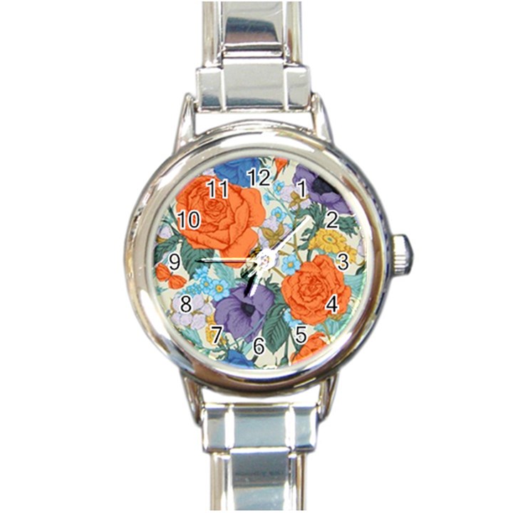 Vintage Floral Vector Seamless Pattern With Roses Round Italian Charm Watch