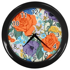 Vintage Floral Vector Seamless Pattern With Roses Wall Clock (black) by Vaneshart
