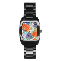 Vintage Floral Vector Seamless Pattern With Roses Stainless Steel Barrel Watch