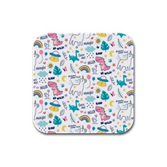 Colorful Doodle Animals Words Pattern Rubber Square Coaster (4 Pack) 