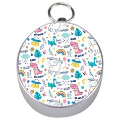 Colorful Doodle Animals Words Pattern Silver Compasses