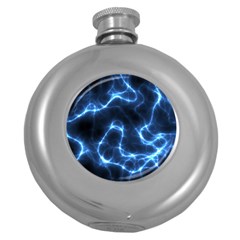 Lightning Electricity Pattern Blue Round Hip Flask (5 Oz) by Mariart