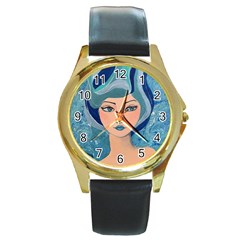 Blue Girl Round Gold Metal Watch