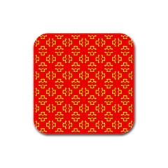 Red Background Yellow Shapes Rubber Square Coaster (4 pack) 