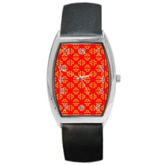 Red Background Yellow Shapes Barrel Style Metal Watch