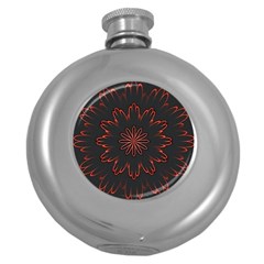 Abstract Glowing Flower Petal Pattern Red Circle Art Illustration Design Symmetry Digital Fantasy Round Hip Flask (5 Oz) by Vaneshart